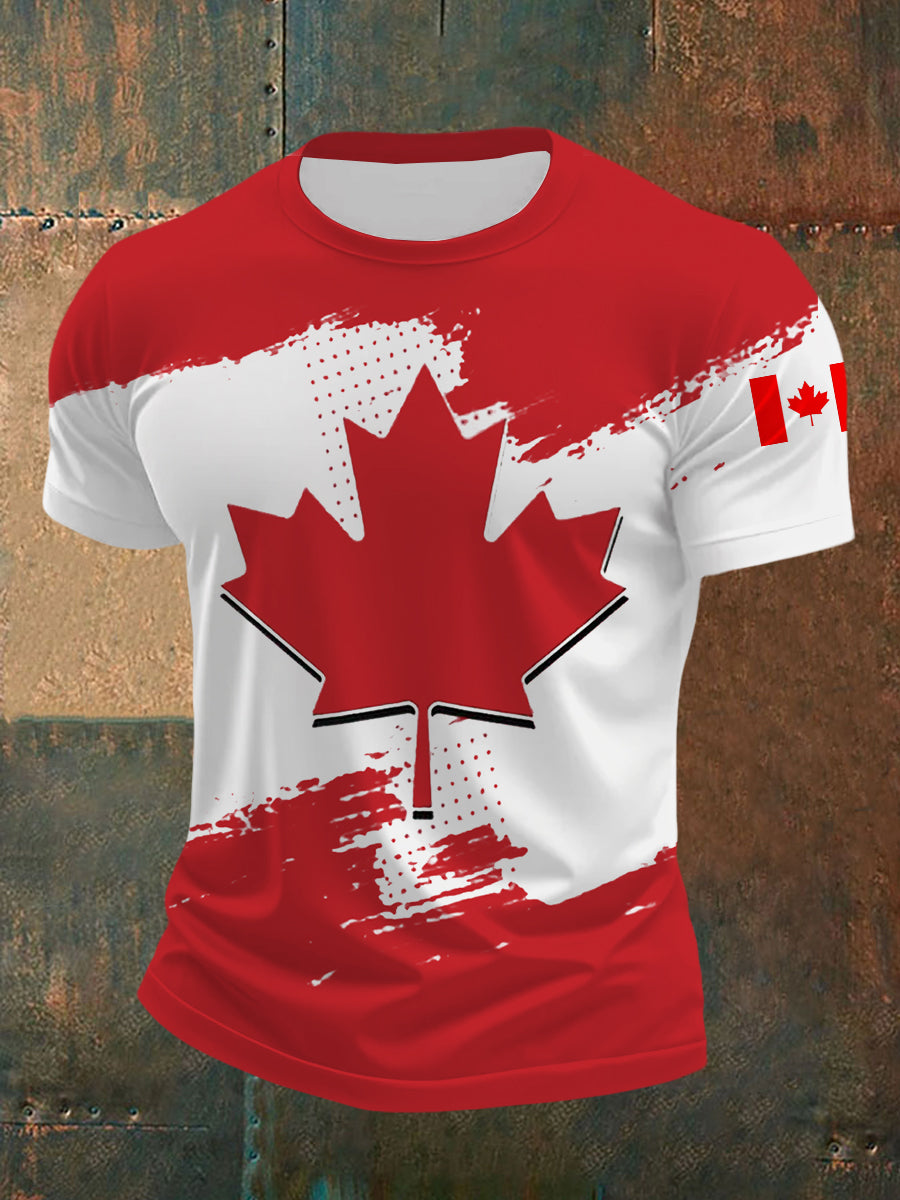 Men's Canadian Flag Maple Leaf Print Canada Day Casual Tee