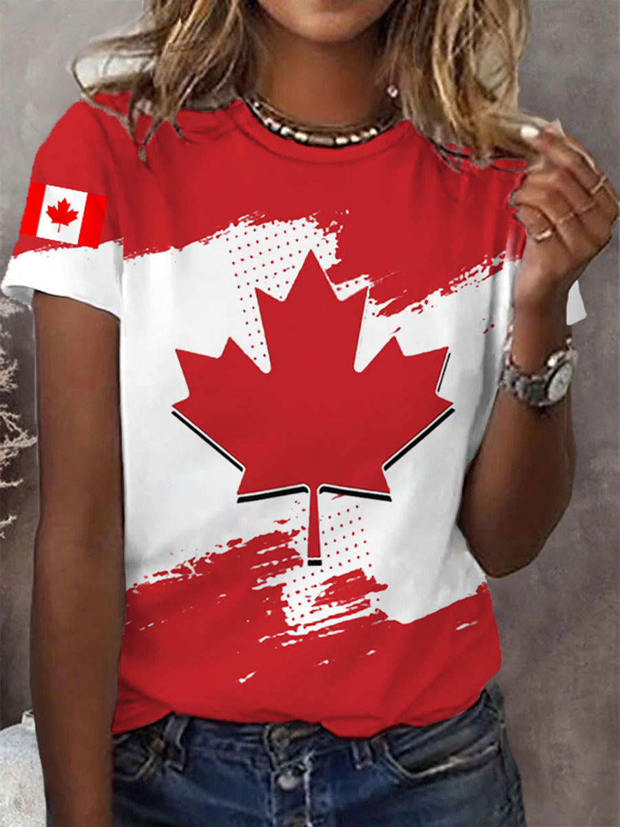 Women's Canadian Flag Maple Leaf Print Canada Day Casual Tee