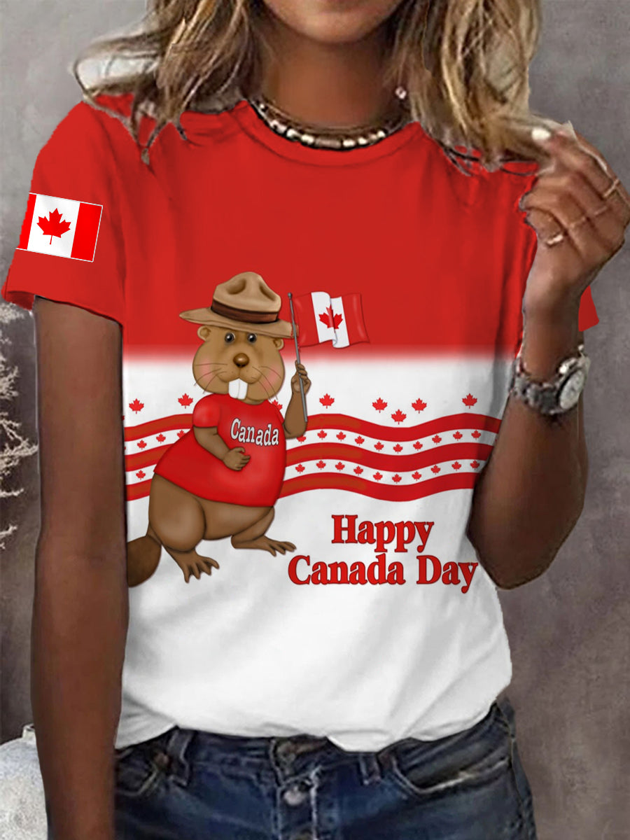 Women's Happy Canada Day Canadian Flag Maple Leaf Beaver Print Casual Tee