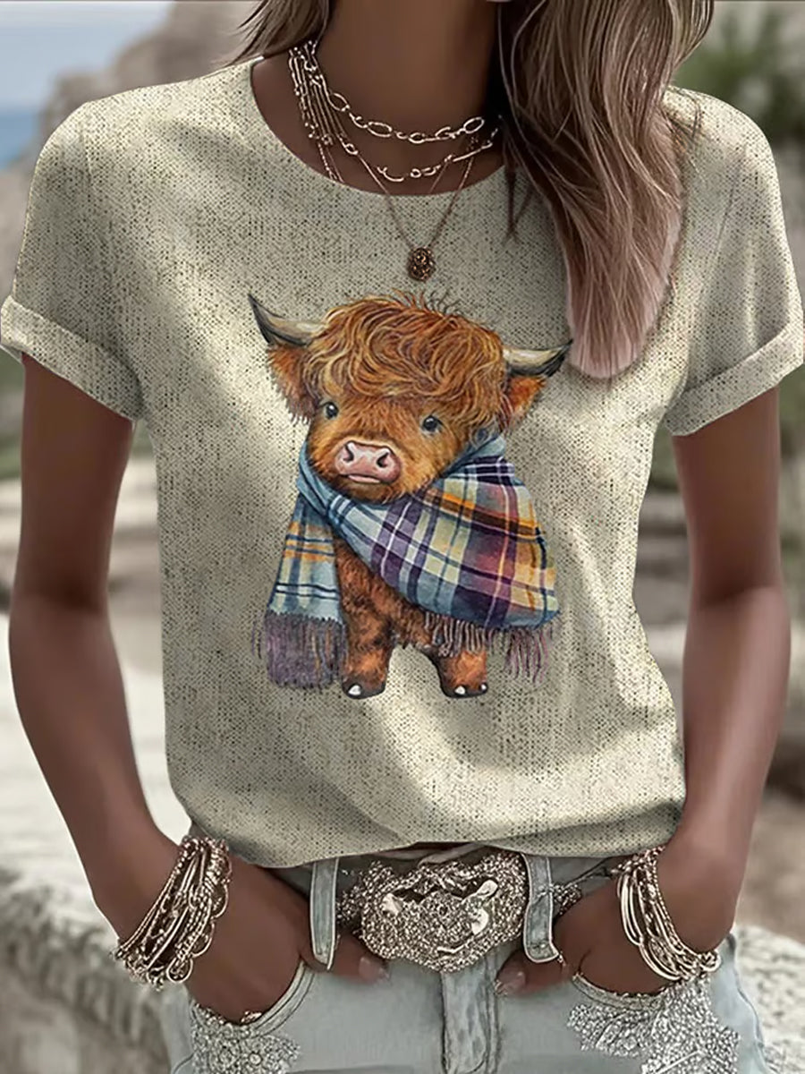 Women's Western Retro Highland Cow Print Crew Neck T-Shirt