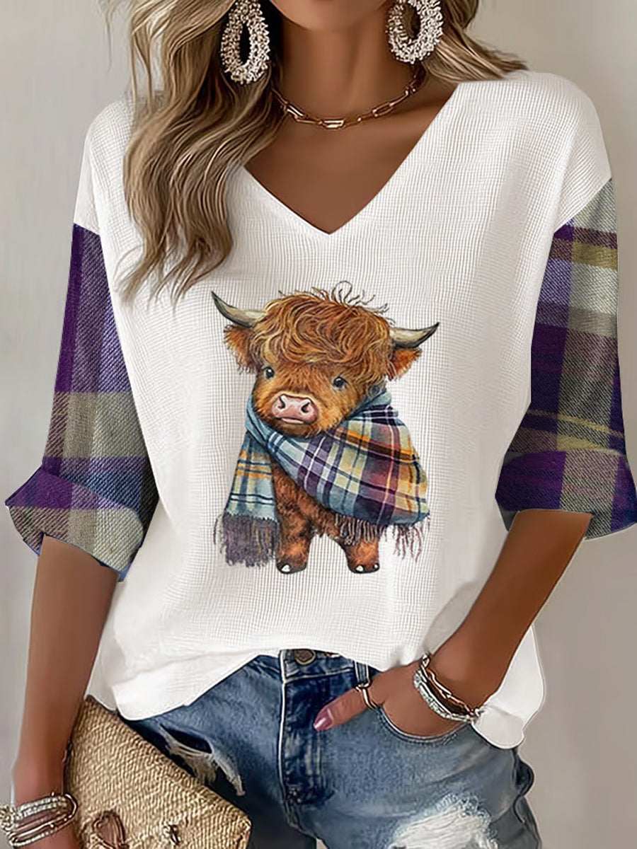 Women's Western Retro Highland Cow Waffle T-shirt