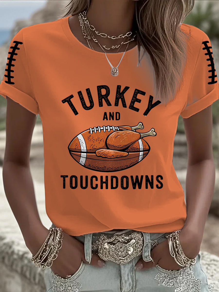 Women's Turkey And Touchdowns Football Short Sleeve T-Shirt