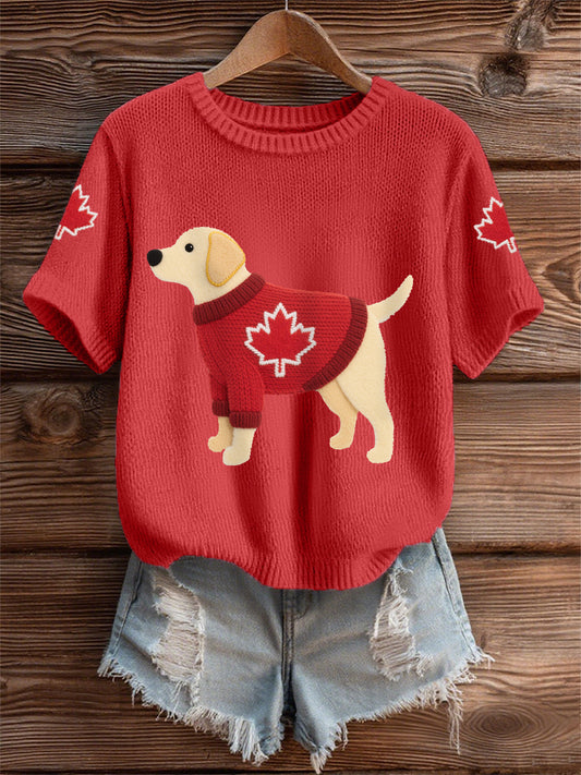 Women's Cute Dog Canadian Maple Leaf Print Casual Tee