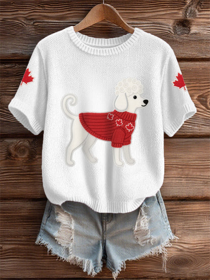 Women's Cute Dog Canadian Maple Leaf Print Casual Tee