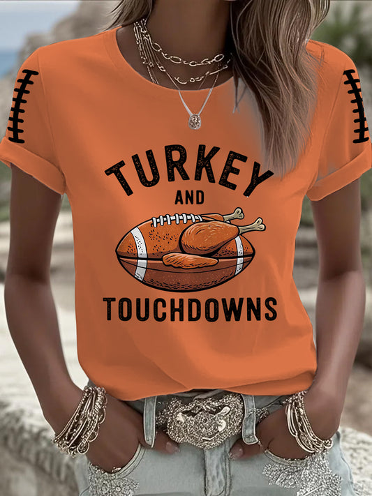 Women's Turkey And Touchdowns Football Short Sleeve T-Shirt