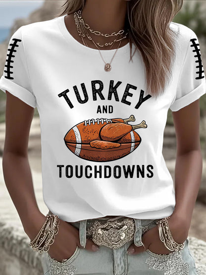 Women's Turkey And Touchdowns Football Short Sleeve T-Shirt