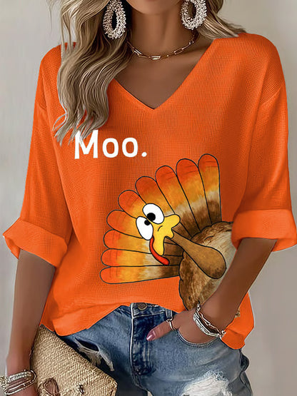 Women's Retro Thanksgiving GOBBLE Print  Waffle T-shirt
