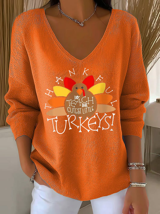 Women's Thanksgiving Turkey Print V-Neck Ribbed Top