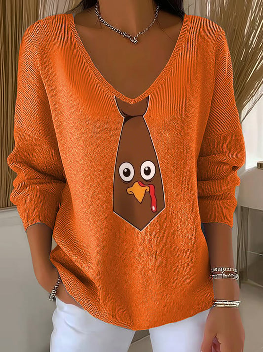Women's Thanksgiving Funny Turkey Print V-Neck Top